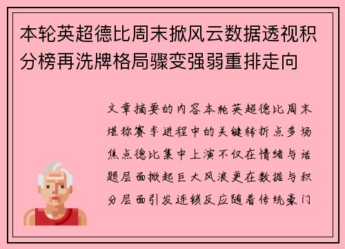本轮英超德比周末掀风云数据透视积分榜再洗牌格局骤变强弱重排走向 本轮英超德比周末掀风云数据透视积分榜再洗牌格局骤变强弱重排走向